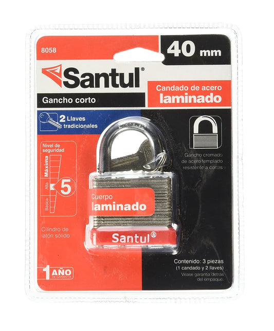 Candado acero laminado 40mm llave tradic gancho estándar